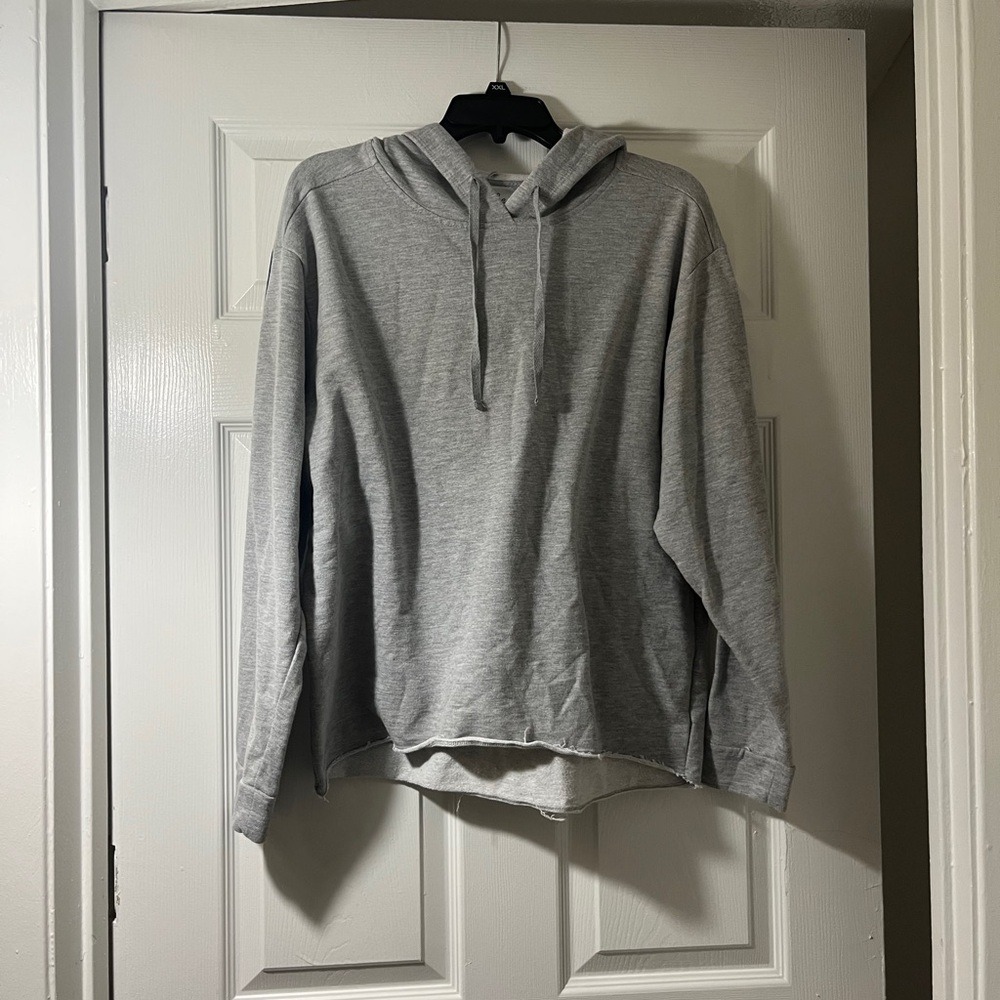 Just‎ Be Womens Gray Striped Sleeve Raw Hem Pullover Hoodie Sweatshirt Large